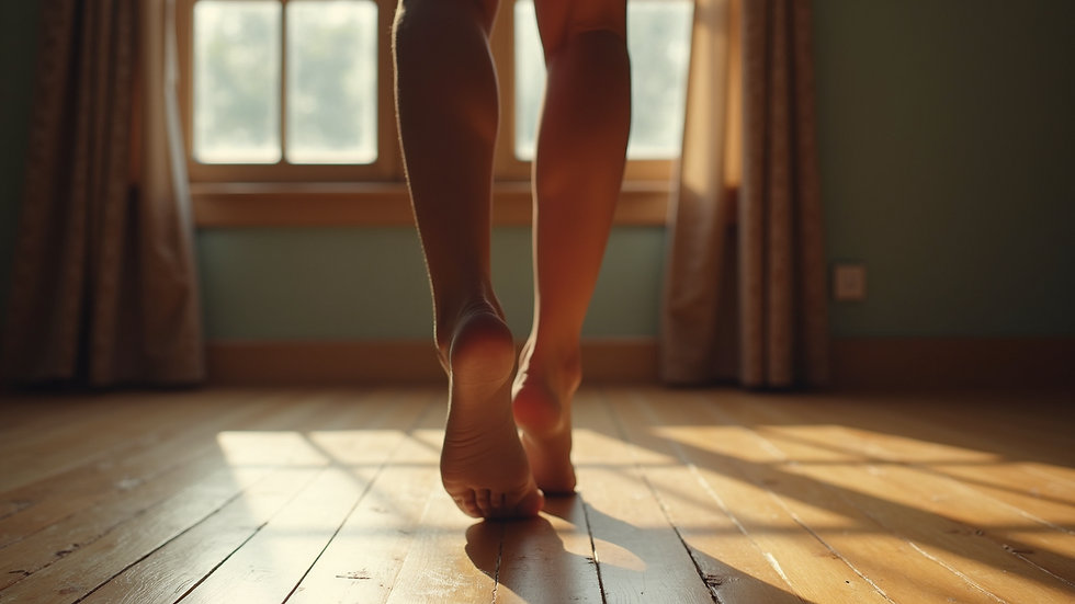 Close-up view of a dancer’s feet executing a popping move on a wooden floor
