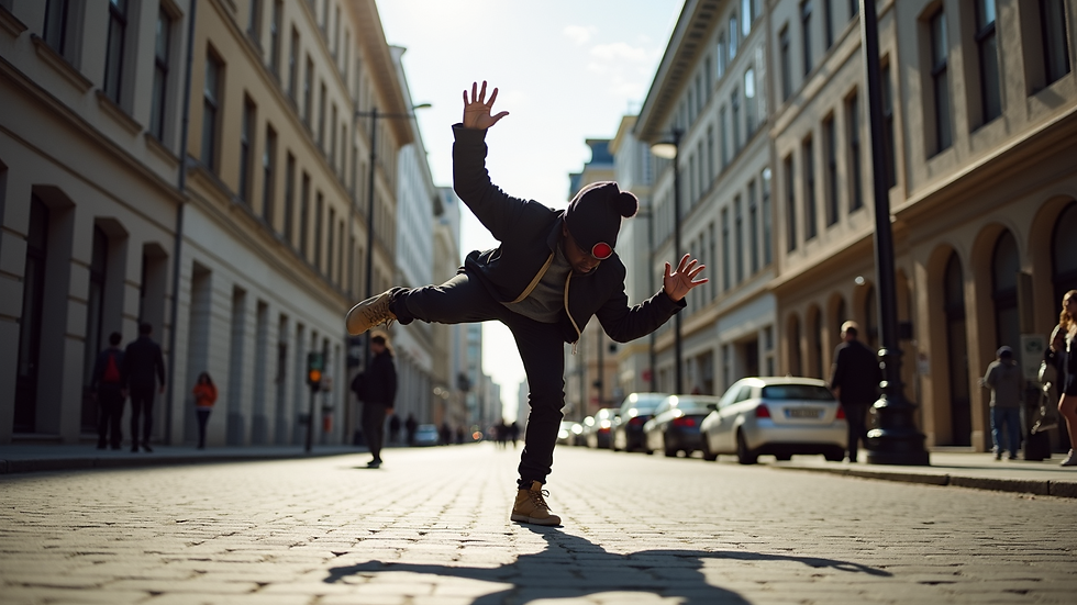 Eye-level view of a dancer performing breakdance moves on a city street