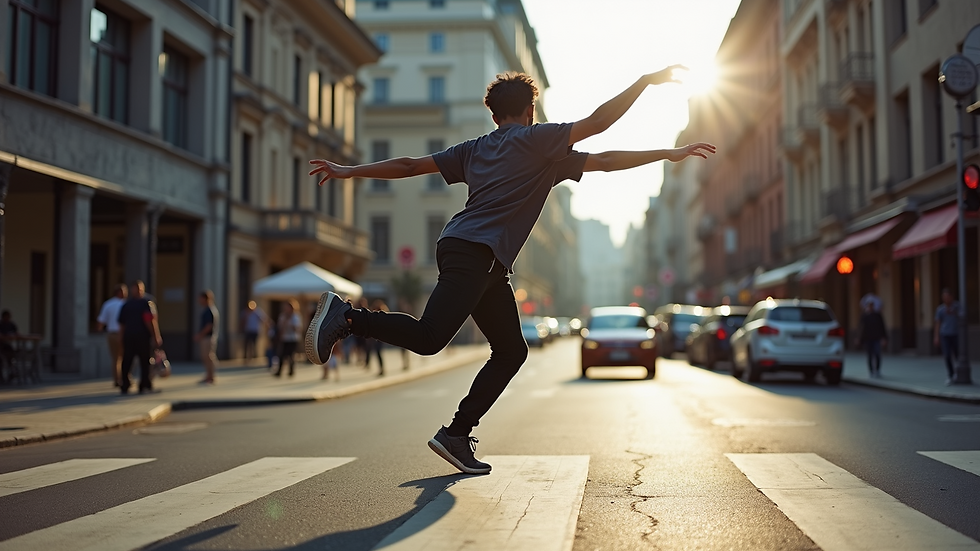 Eye-level view of a dancer performing a breakdance move on a city street
