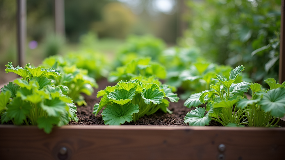 Eye-level view of a raised bed vegetable garden filled with various plants