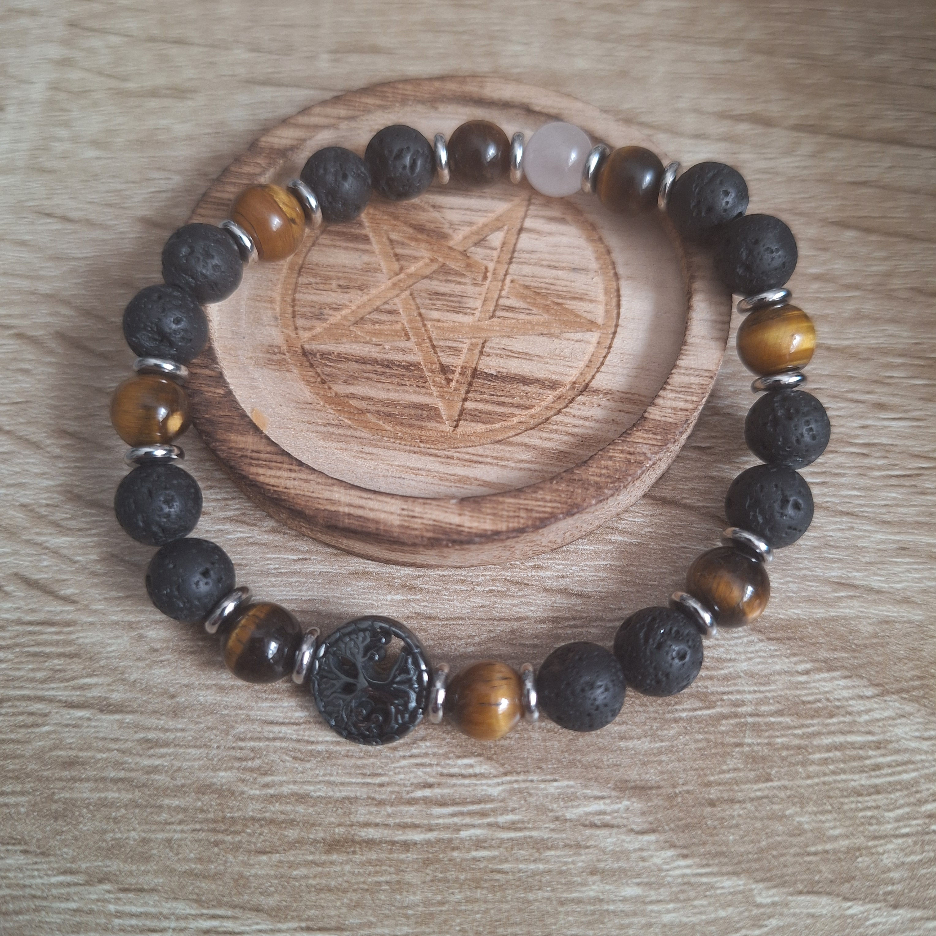 Bracelet Harmonie – Œil de Tigre, Perle de Lave & Quartz Rose