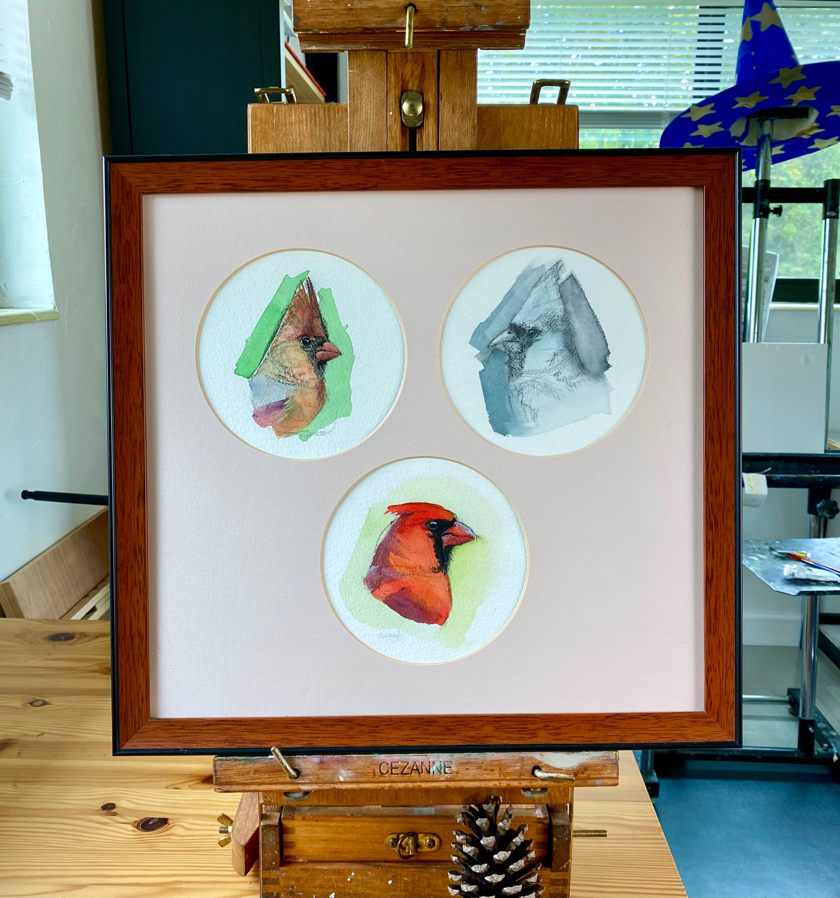 Three Cardinals framed watercolors 