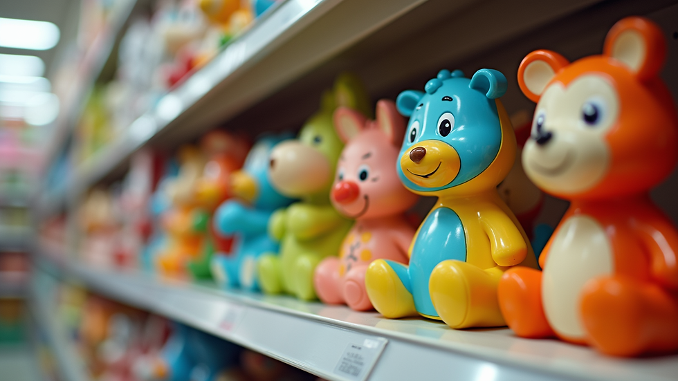 Eye-level view of colorful children's toys on a store shelf