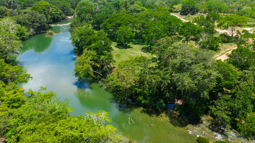 Aerial drone view of Mopan River calm