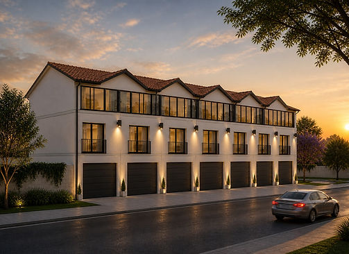 Casas germinadas brancas com por do sol
