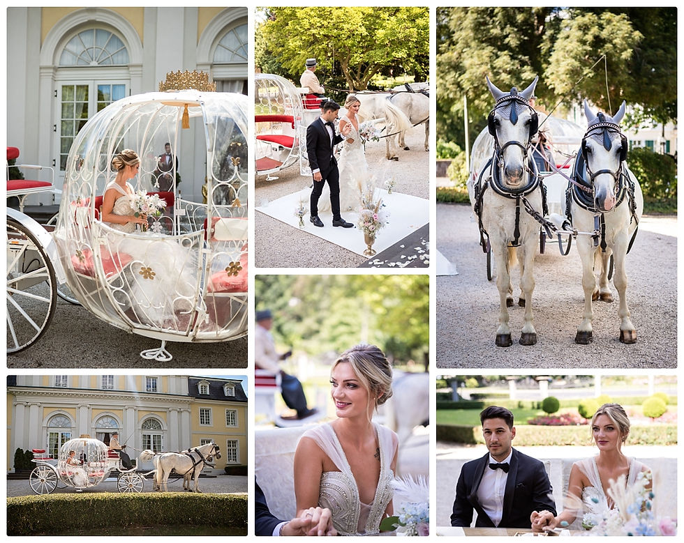 moderne Märchenhochzeit im Redoute Bonn gläserne Kutsche