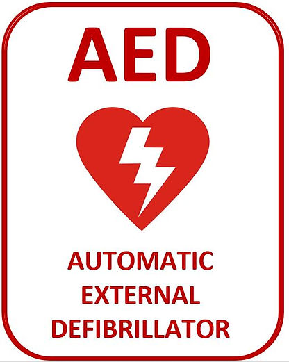 An image with a red cartoon heart besected by a white lightning bolt. The words "AED - Automatic External Defribrillator" also appear in red. The background is white. Click on the image to open a PDF showing where FirstU's defribrillator is located (outside the office on the upper floor). The PDF also contains clickable links to youtube videos showing how to use a defribrillator.