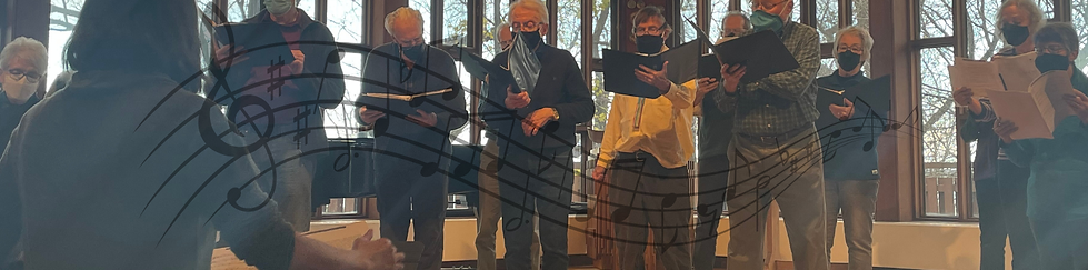 A photo of Fusion Choir rehearsing, while wearing masks, in 2021. A line of music notes subtly overlays the image.