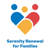 Serenity Renewal Logo: A heart-shape made of three intersecting people in red, yellow, and blue. The image appears against a white background with the words "Serentity Renewal for Families" below it in blue text.