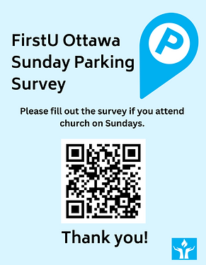 A light blue poster featuring a deep turquoise Parking arrow, invites Sunday Service regulars to fill out our Sunday Parking Survey. Click the image - or use the QR code diplayed in it - to go to the survey page.