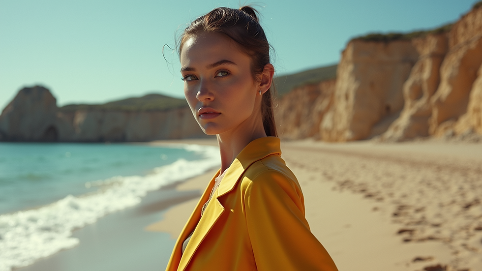 Eye-level view of a fashion model posing in a stylish outfit