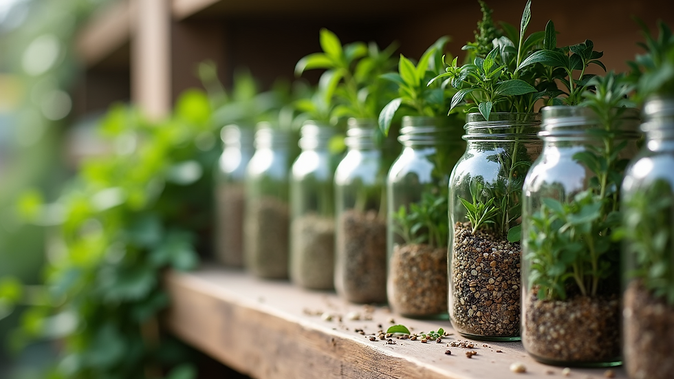 Eye-level view of jars filled with various herbs