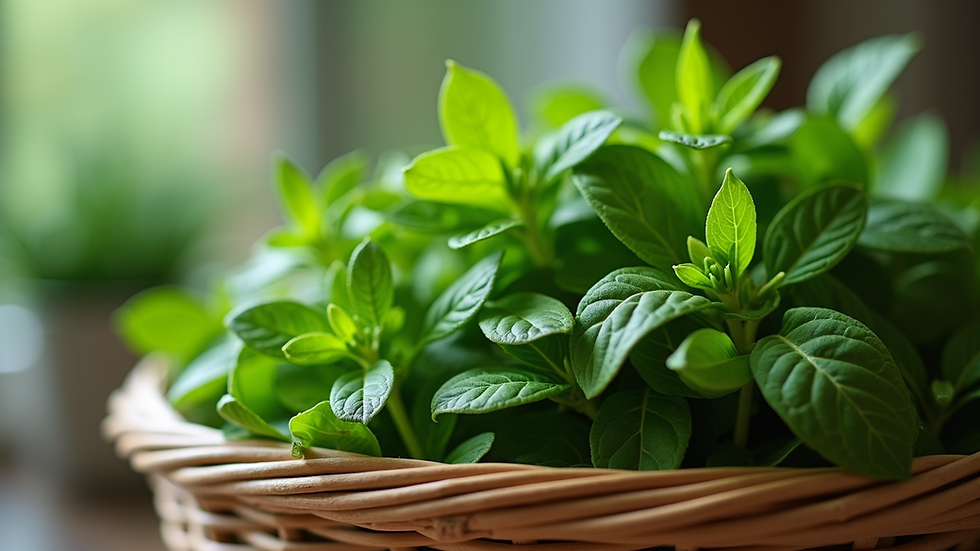 Eye-level view of fresh green herbal leaves in a basket