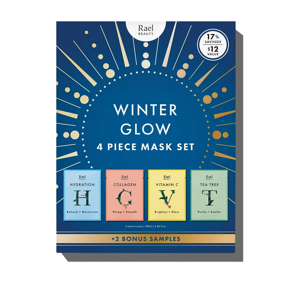 Rael Beauty Winter Glow 4 Piece Mask Set with bonus samples for skin care.