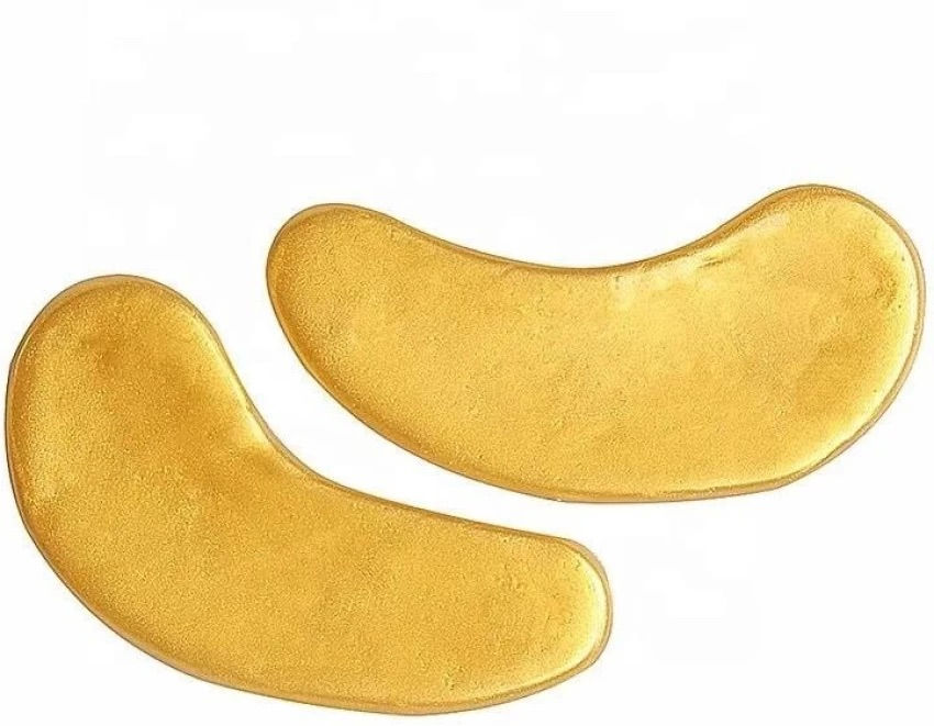Two gold under-eye patches on white background for skincare routine Mellofina