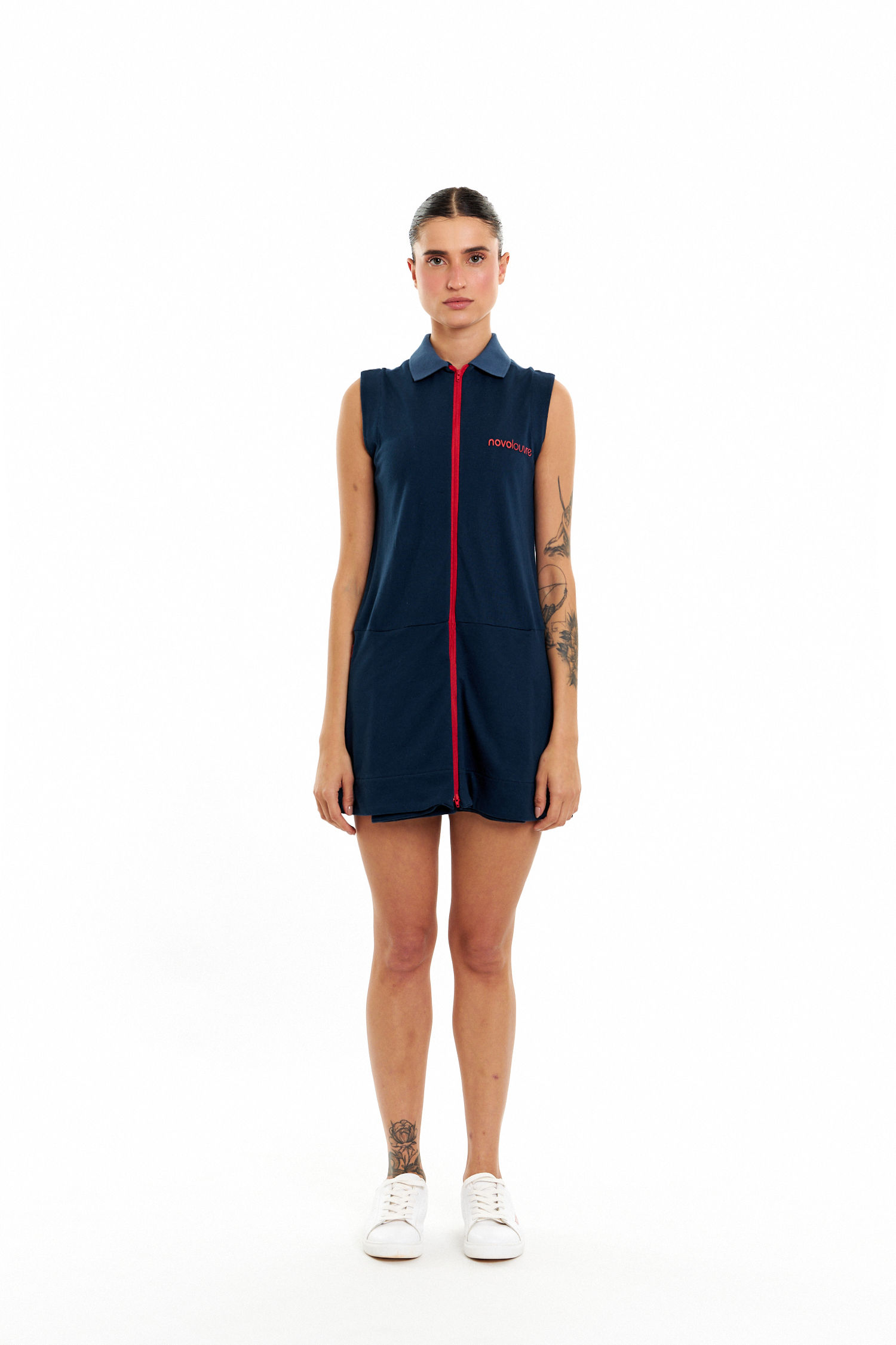 Vestido em piquet com zíper marinho