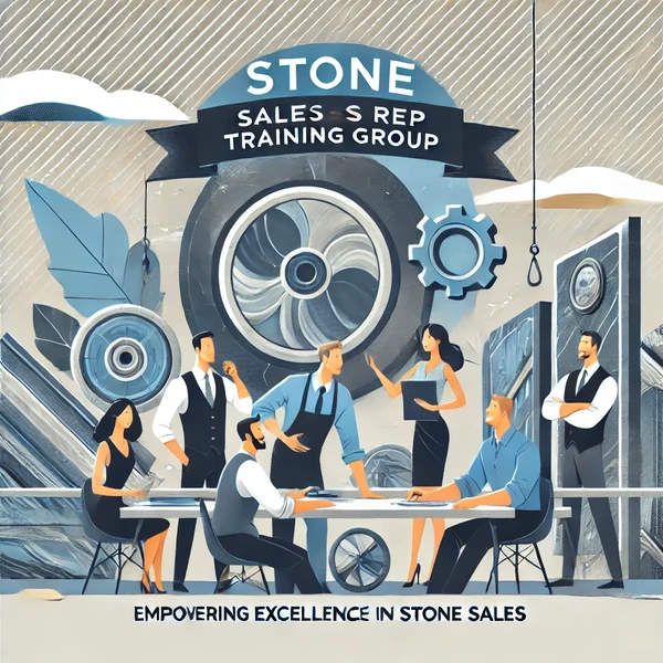 Illustration depicting the Stone Sales Rep Training Group. A diverse team of professionals, both men and women, are gathered around a table, engaged in discussion and collaboration. They are dressed in business attire, reflecting a professional setting. The background features large, stylized gears and stone imagery, symbolizing the stone industry and teamwork. Above them, a banner reads 'Stone Sales Rep Training Group,' and below, the tagline 'Empowering Excellence in Stone Sales' is displayed, highlighting the program's mission to foster excellence and professional growth in the stone sales sector. The image conveys a sense of unity, progress, and dedication to high standards in the industry.