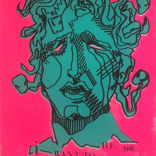 An illustration of a green head, against a bright pink background. Text surrounds the head, reading 'I want to be the girl with the most cake'