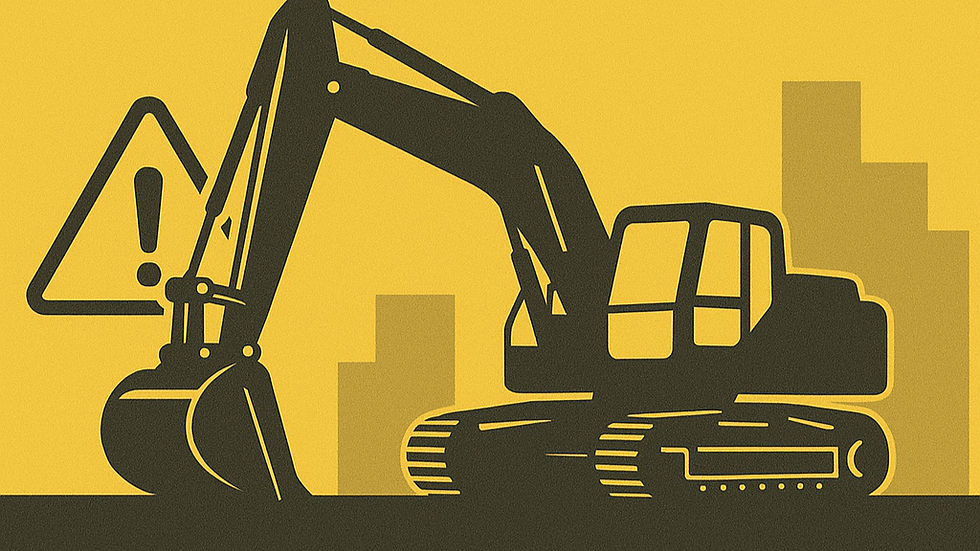 Excavadora y retroexcavadora trabajando en una obra en Monterrey, con fondo urbano y ambiente de construcción, representando renta de maquinaria pesada.