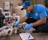 Illustration of underground pool plumbing lines with leak detection equipment identifying 