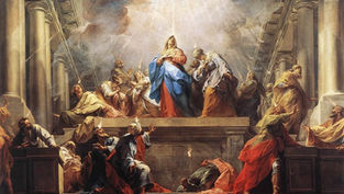A group of people in robes stand beneath a radiant light in a grand hall. They appear awed and inspired. Vivid reds, blues, and pillars dominate.