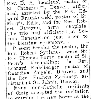 Newspaper article titled "Dinner in Craig Notes Blessing of Parish House" describes a dinner and blessing ceremony at St. Michael's in Craig.