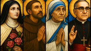 Four stained glass portraits of religious figures with halos, in prayer or holding objects. Backgrounds in gold and blue, creating a serene mood.