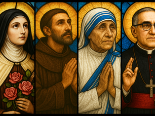 Four stained glass portraits of religious figures with halos, in prayer or holding objects. Backgrounds in gold and blue, creating a serene mood.
