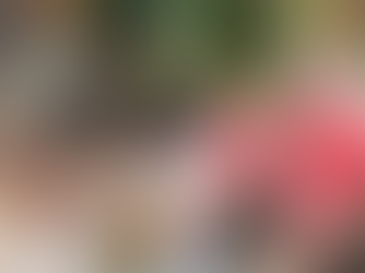 Young man and elderly woman relax on a wicker sofa in a garden with vibrant flowers and greenery, creating a warm and peaceful atmosphere.