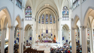 Crowded cathedral service with congregation standing in a bright Gothic church, stained glass, white arches, and purple altar drapes