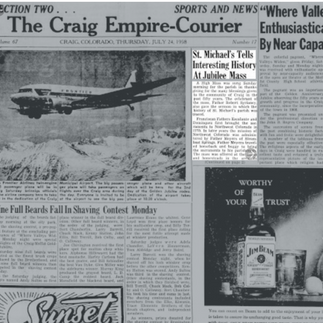 Vintage newspaper page featuring "The Craig Empire-Courier," with an airplane image, articles, and ads. Highlighted text column titled "St. Michael’s Tells."