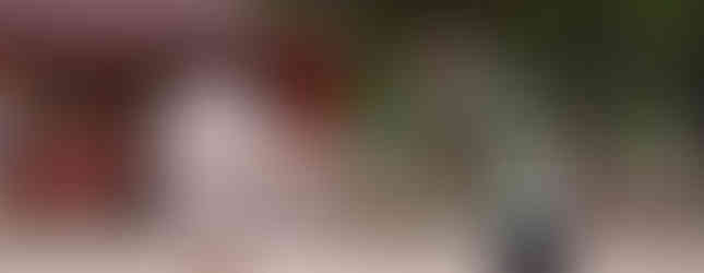 Runner with face paint in dirty clothes approaches finish line, high-fiving a man in a cap. Red cabin and trees in the background.