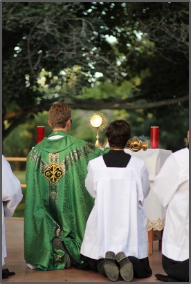 Priests in green and white robes kneel before a religious altar outdoors, with candles and trees in the background. Spiritual and solemn mood.