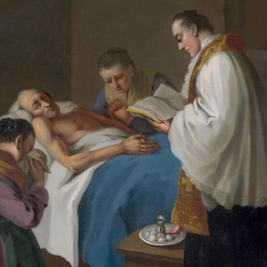 Priest reads to a sick man in bed, two women pray beside them in a dim room. Somber mood with blue and white bedding, candles lit.