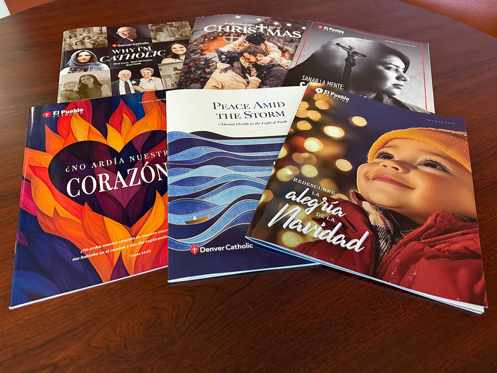 A collection of colorful magazines with various texts and images, including a smiling child, on a wooden table. Themes include faith and Christmas.