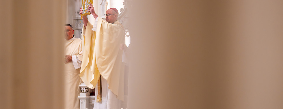 A bishop elevates the Book of the Gospels during Mass, partially framed by a column.