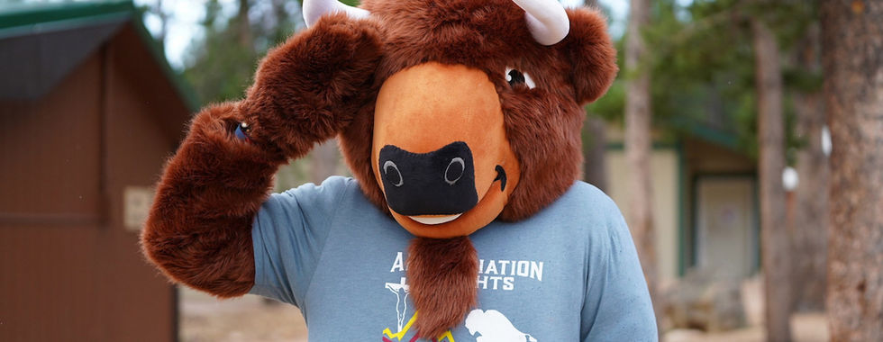 Person in a brown bison costume salutes in a forest setting. Wears a blue shirt with "FIAT FEST ADVENTURE RACE" text. Playful mood.