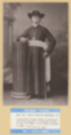 Sepia portrait of a Catholic bishop in hat and cassock beside a column, with Abbey School caption naming Joseph Projectus Machebeuf.