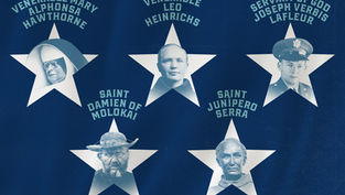 Blue poster with five white stars framing portraits of Catholic figures, each named in curved text, solemn vintage style.