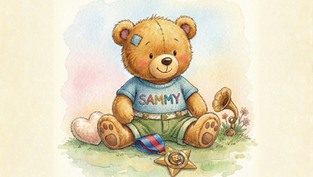 Watercolor teddy bear named SAMMY in a blue shirt sits on grass with a bravery medal, patch, flowers, and a toy horn.