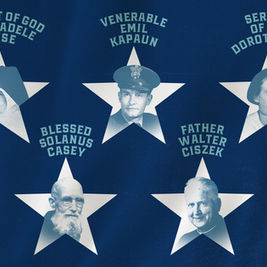 Blue poster with five white stars and portraits labeled Marie Brise, Emil Kapaun, Dorothy Day, Solanus Casey, Walter Ciszek.