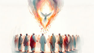People in robes form a circle, gazing at a radiant dove in flames above. The scene is ethereal, with swirling warm colors.