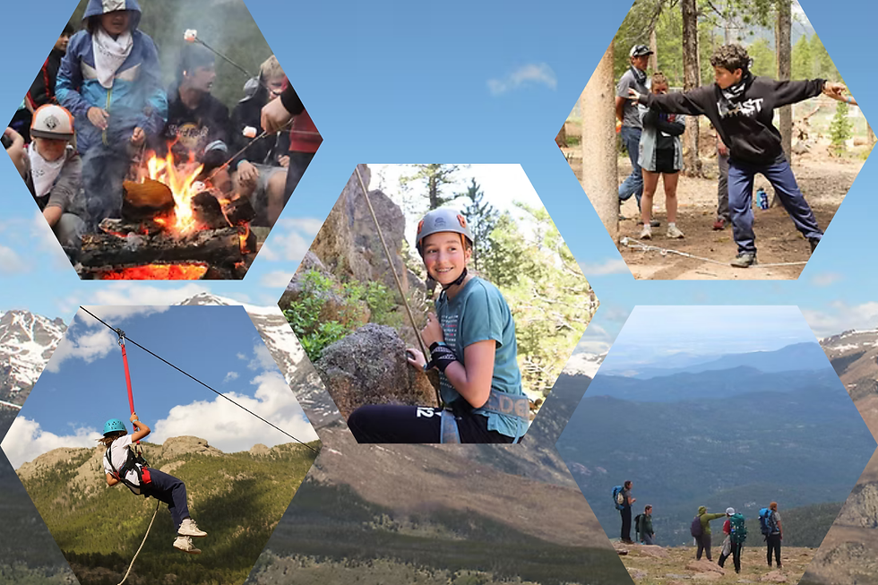 Hexagon collage of kids camping: roasting marshmallows, zip-lining, rock climbing, hiking, and archery in mountain setting.