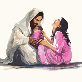 A bearded man in white, a woman in pink, and a baby in a purple wrap share an emotional moment on the ground, conveying tenderness.