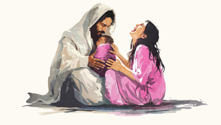 A bearded man in white, a woman in pink, and a baby in a purple wrap share an emotional moment on the ground, conveying tenderness.