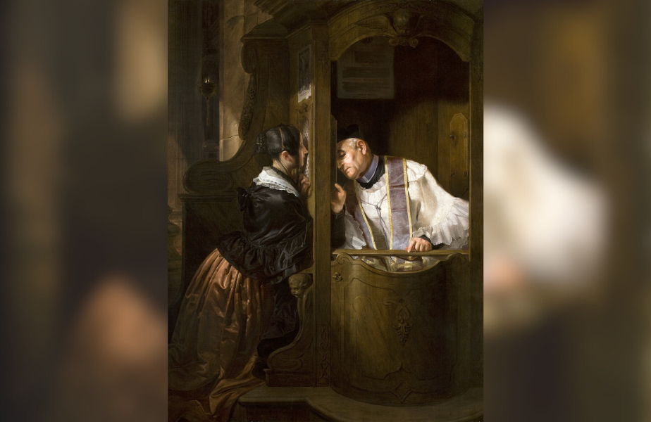 A woman in ornate attire confesses to a priest in a dimly lit confessional booth. The setting is intimate, with a wooden background.