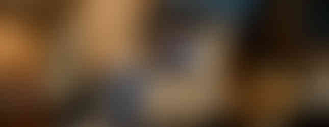 Two men sit conversing in a library with brick walls. A framed artwork and mannequin in robes are displayed. Ceiling has a sky mural.