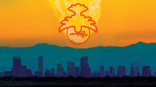Silhouette of a cityscape with a symbol above, set against a vibrant yellow and orange sky, creating a warm, abstract ambiance.