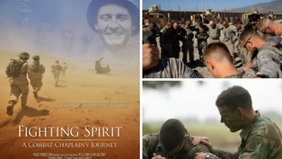 Soldiers gather in prayer. A poster titled "Fighting Spirit: A Combat Chaplain’s Journey" shows troops in desert gear. Mood: solemn and introspective.