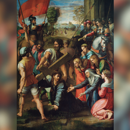 A group of people surround a man carrying a wooden cross. Vibrant garments and a soldier with a red flag are prominent. Somber mood.